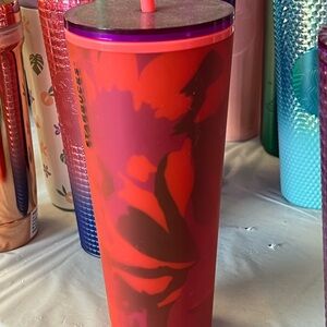 Starbucks Red and Pink Floral Tumbler with Lid and Straw